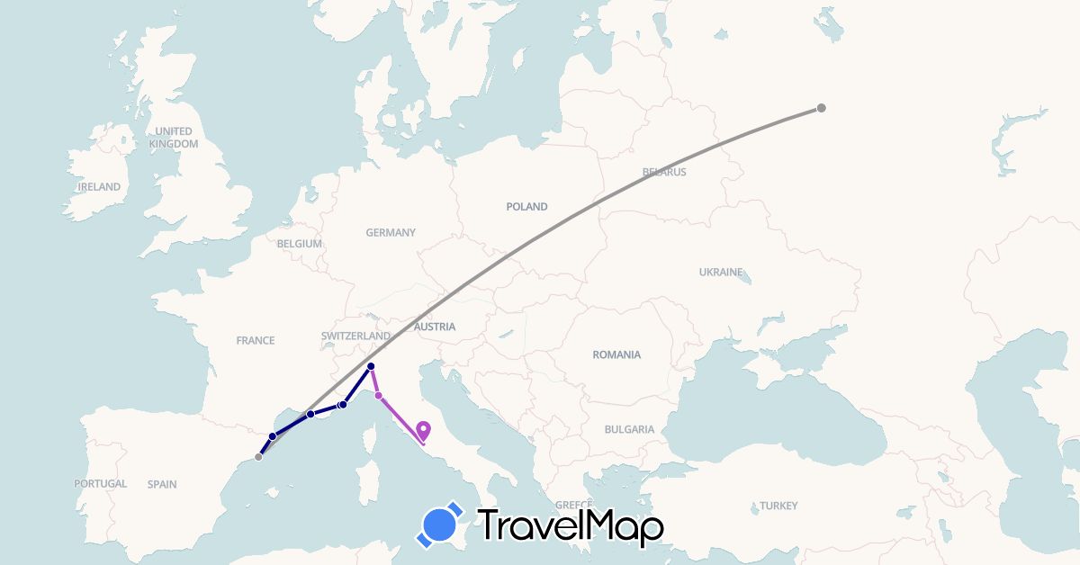 TravelMap itinerary: driving, plane, train in Spain, France, Italy, Monaco, Russia (Europe)
